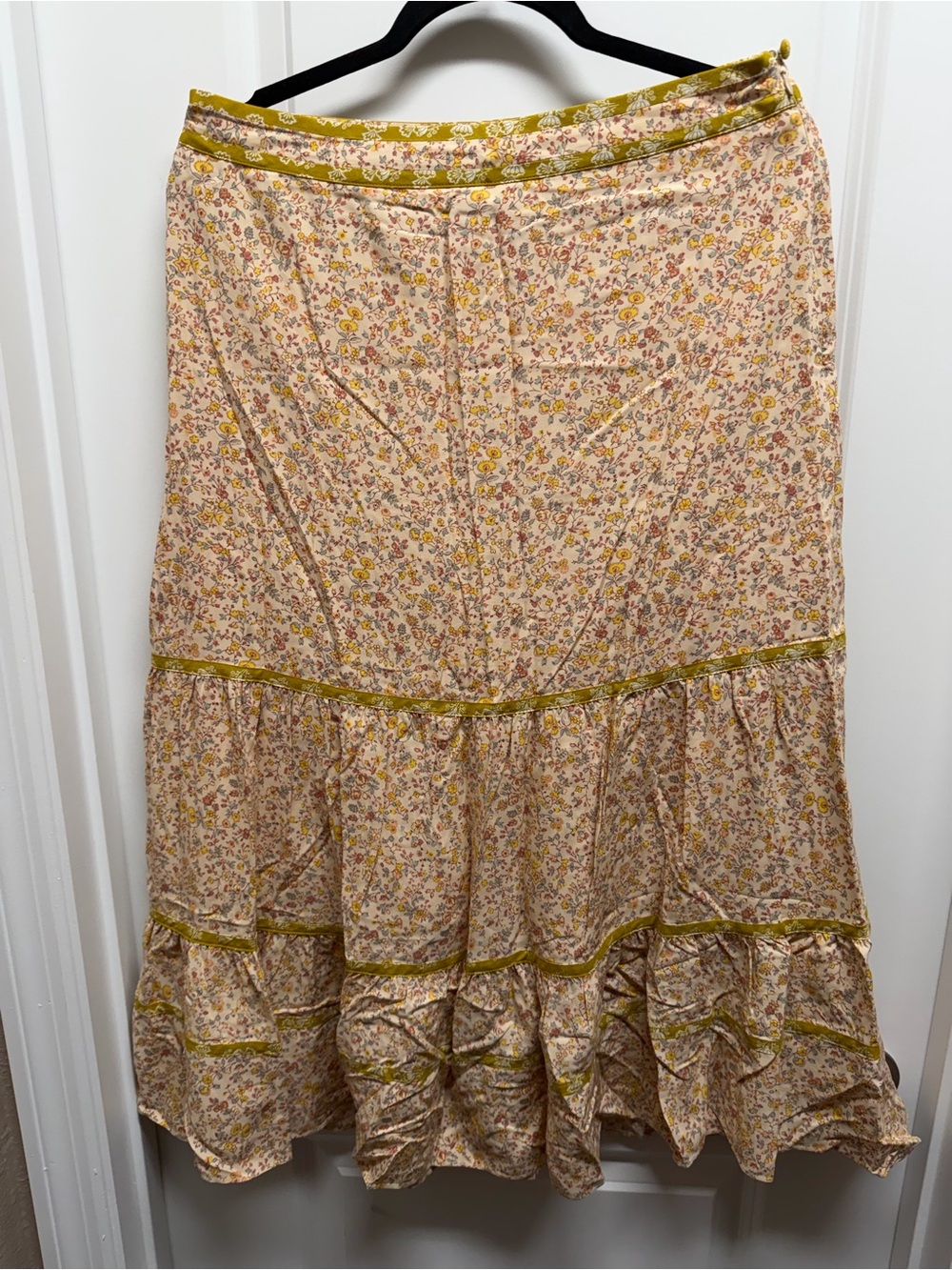 Madewell Cream Floral Tiered Maxi Skirt with Olive Trim
